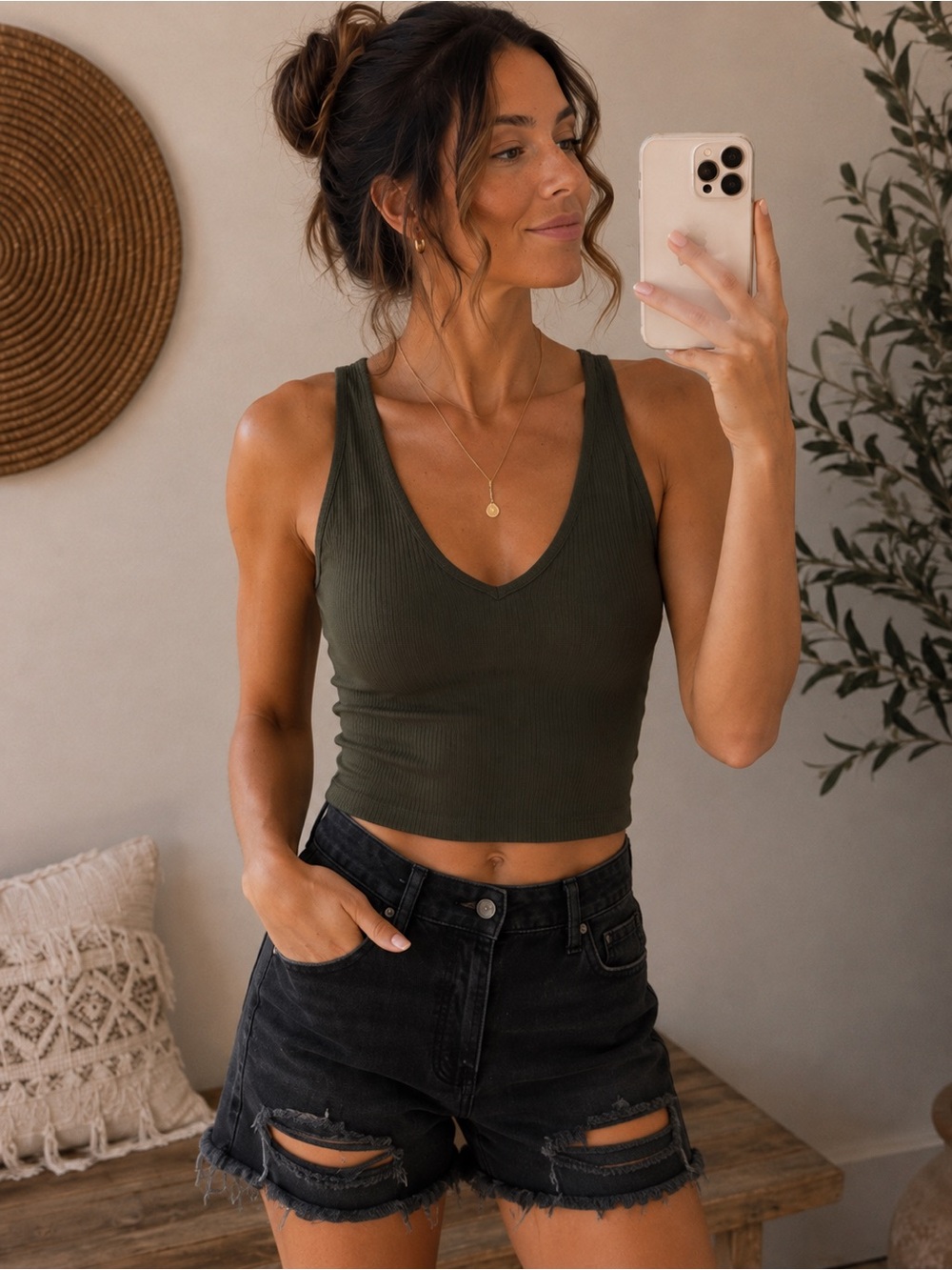 Abound Ribbed V-Neck Crop Tank in Olive Green